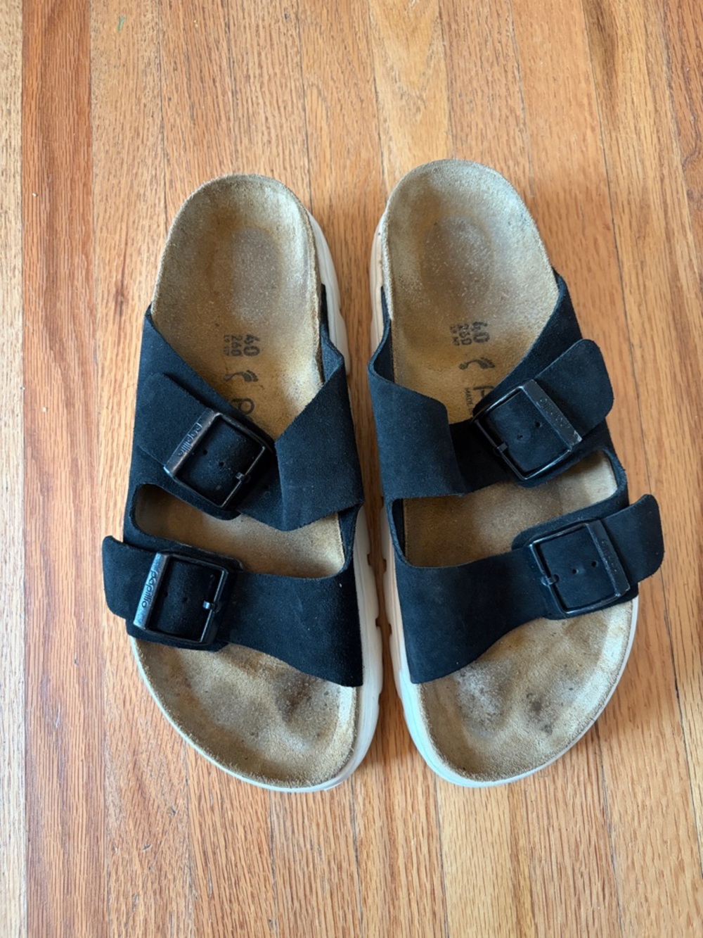 Papillio Birkenstock Black Double Strap Suede Slide Sandals 40